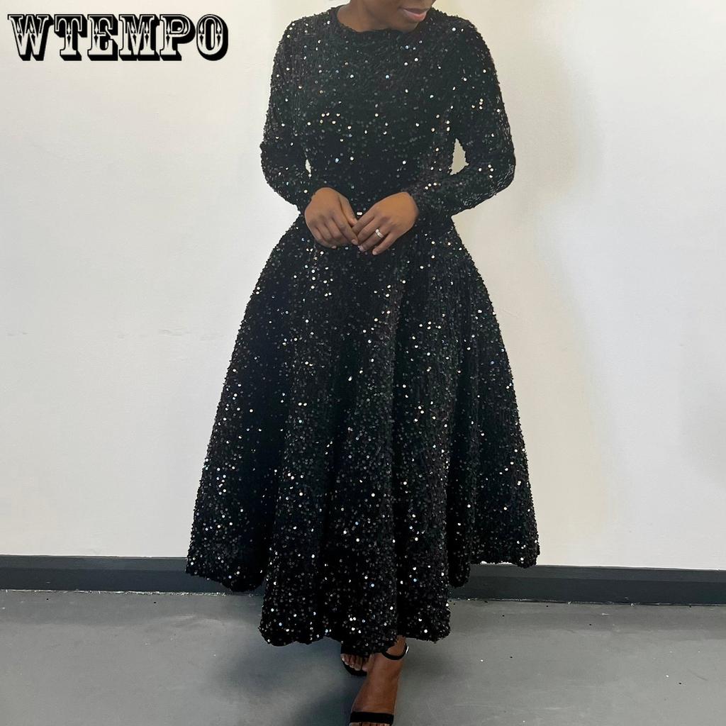 Sukienki damskie z okrągłym dekoltem, długim rękawem, jednolitym kolorem, cekinami, wysokim stanem, o średniej długości