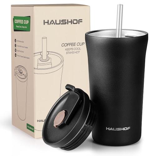 HAUSHOF Vacuum Insulated Tumbler with Straw and Screw-on Lid, 500ml, Spill-Free, Direct Drinking & Straw-Free, Insulated Water Bottle, Stainless Steel