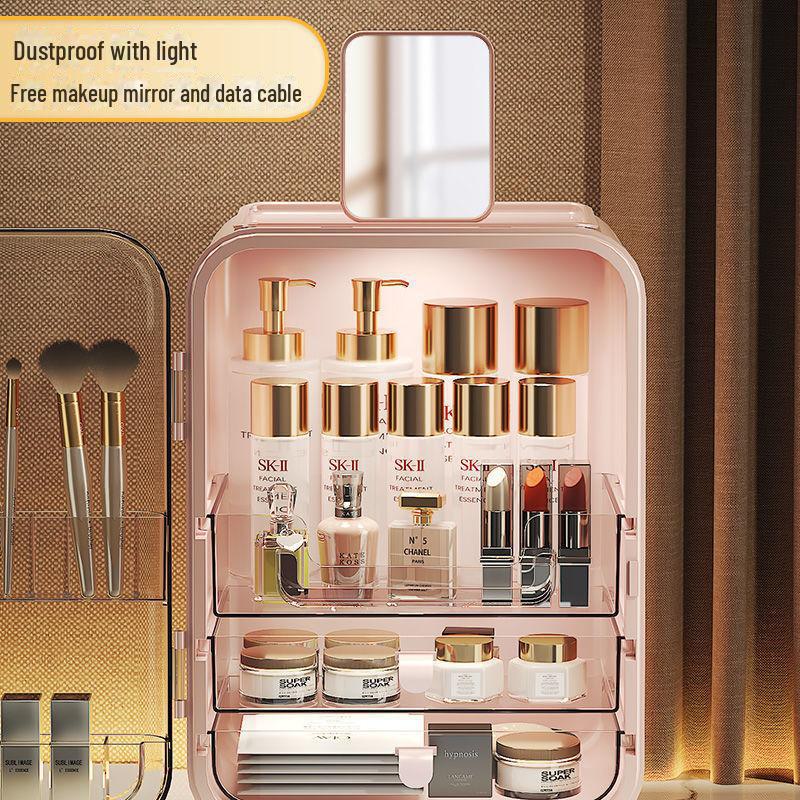 Boîte de Rangement Cosmétique Anti-Poussière de Grande Capacité avec Miroir pour Coiffeuse.