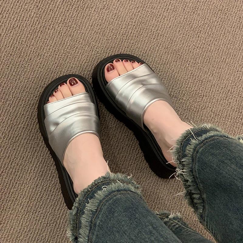 Fashion 2025Summer Women Platform Thick Bottom Slippers Open Toe Slide Ladies Casual Beach Vacation Sandalias