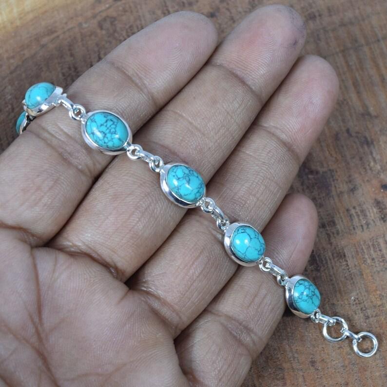 Solid 925 Sterling Silver Synthetic Turquoise Gemstone Handmade Tennis Bracelet Women Jewelry