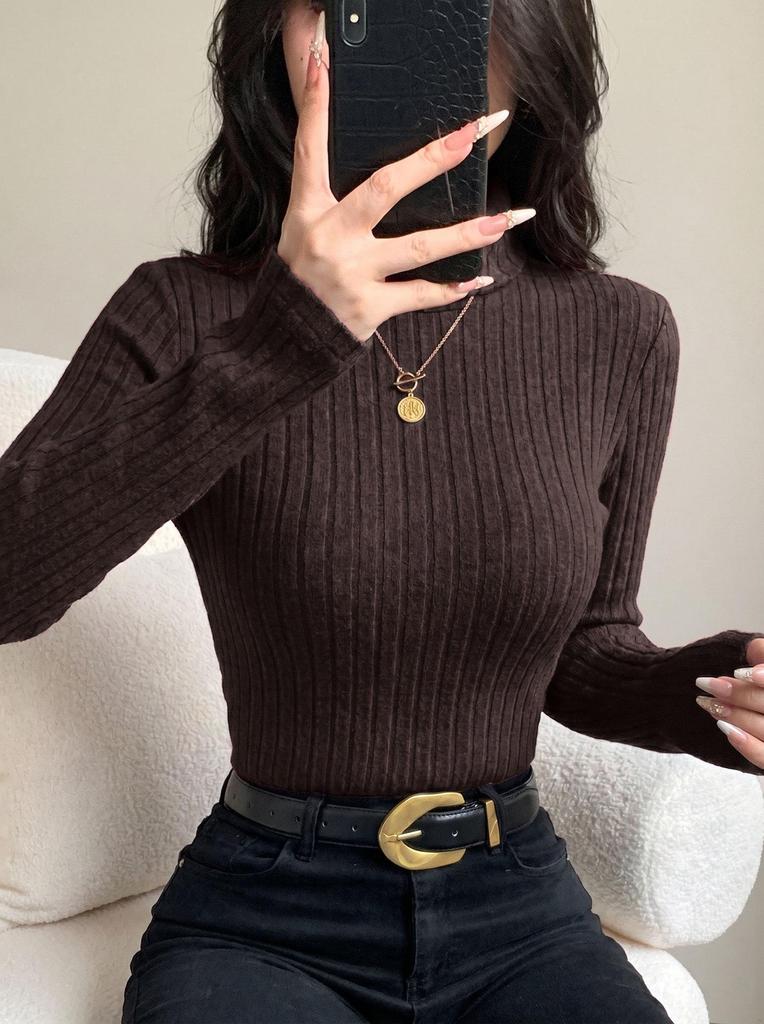 European & American Women's High Neck Slimming Long Sleeve Base Layer Top - Autumn/Winter Fashion