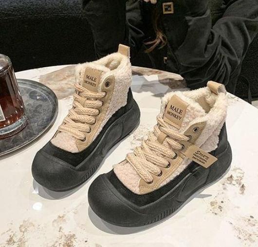 Fashion Thick-soled high-top ankle boots, fur, daily casual, height-increasing, sheep cake fur, plush women's cotton shoes