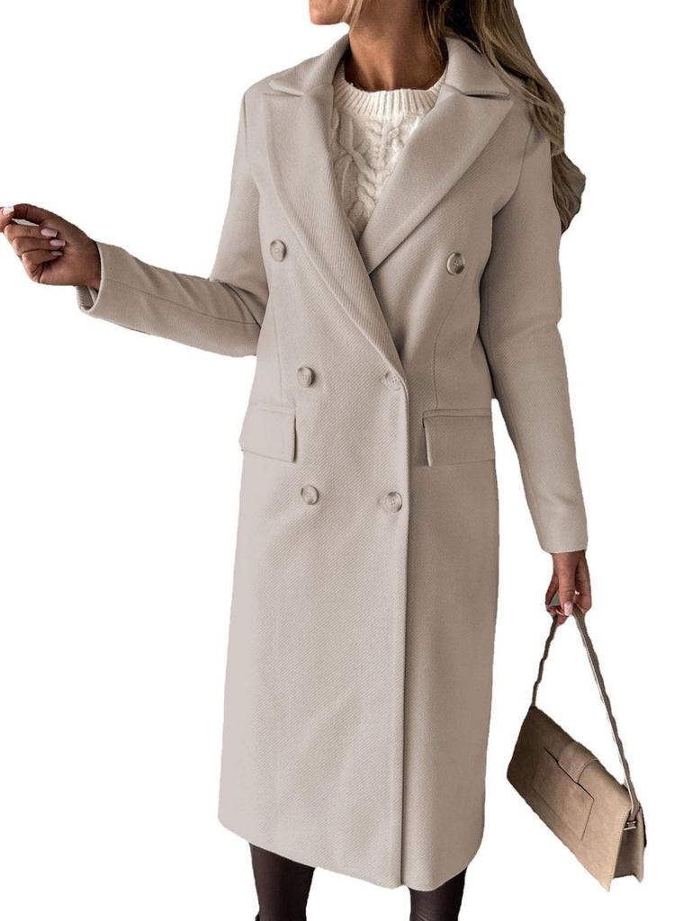 Women's Spring 2025 Versatile Woolen Double-Breasted Long Sleeve Coat with Welt Pockets