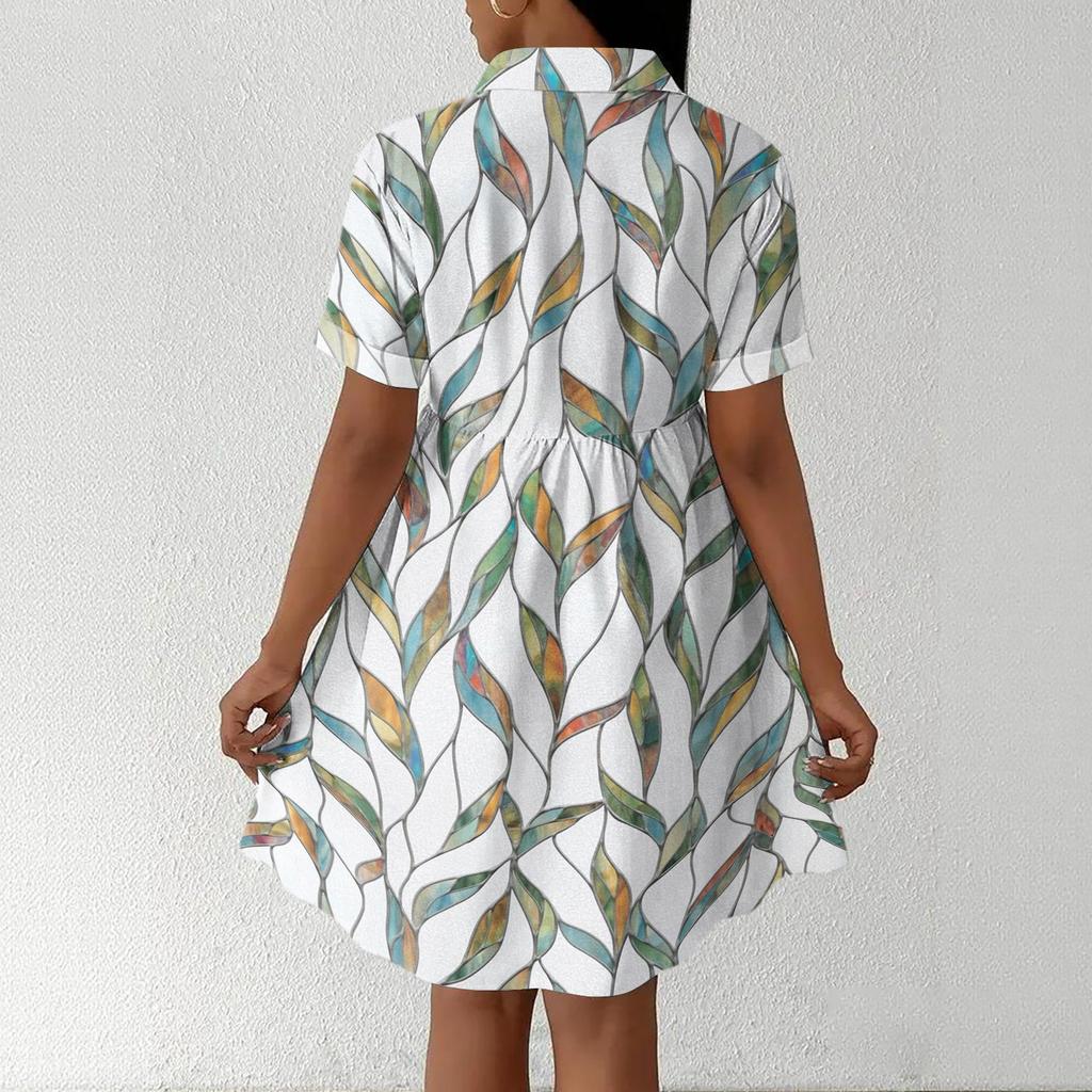 Casual Loose Fit Shirt Dress with Button Front and Stand Collar Short Sleeve Lightweight Summer Dress for Women