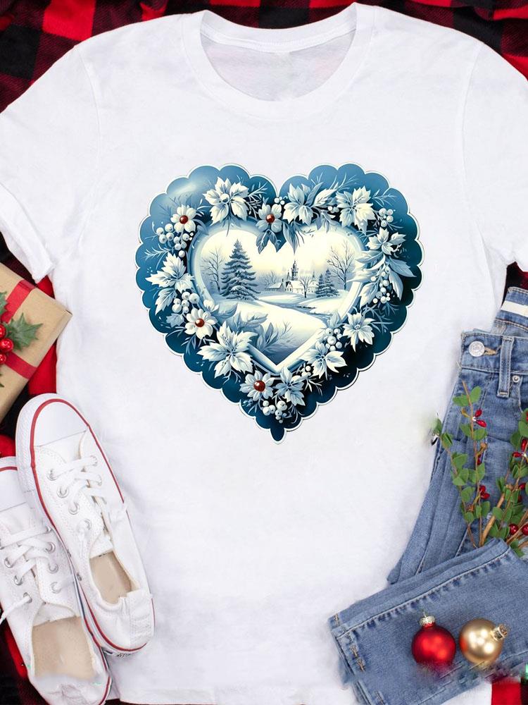 (Asian Size) Tee Top Festival  Merry Christmas New Year Holiday Casual Love Heart Plaid Women Print Lady Short Sleeve Fashion Graphic T-shirts