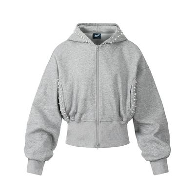 Pearl Decorate Patchwork Design Hoodies Coat Original  Elastic Waist Solid Color Casual Clothes