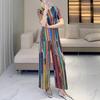 Rainbow Stripe Pleated Two-Piece Set: Round Neck Top & Loose Straight-Leg Pants for Women