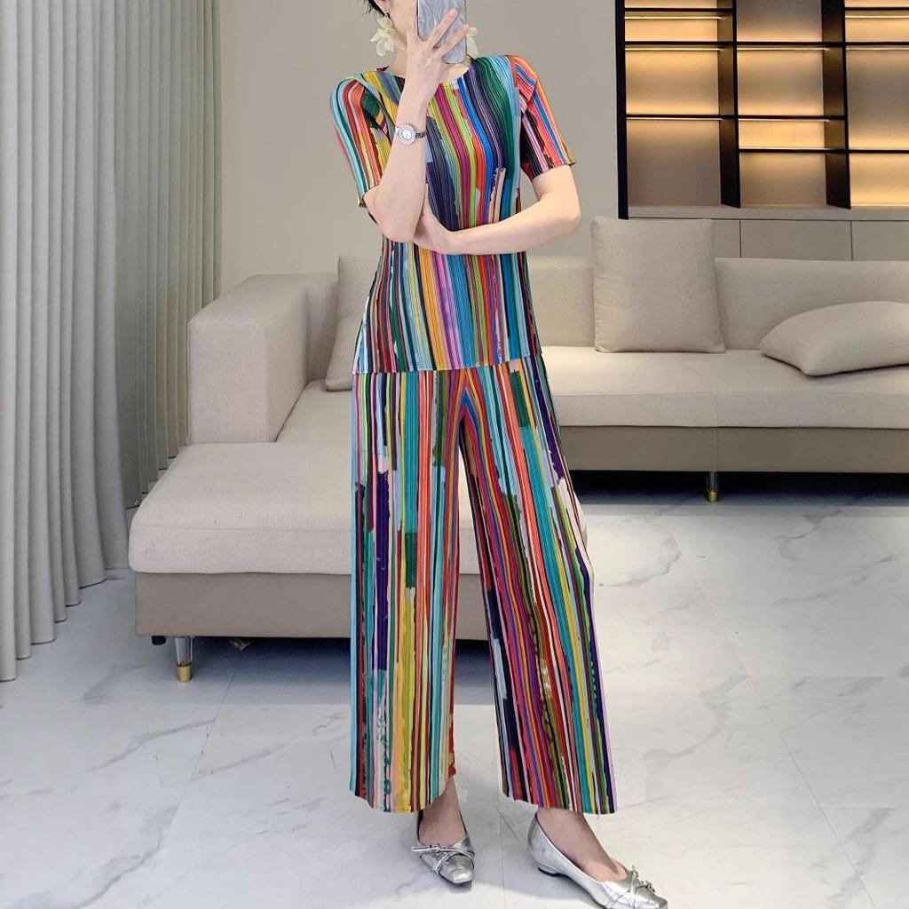 Rainbow Stripe Pleated Two-Piece Set: Round Neck Top & Loose Straight-Leg Pants for Women