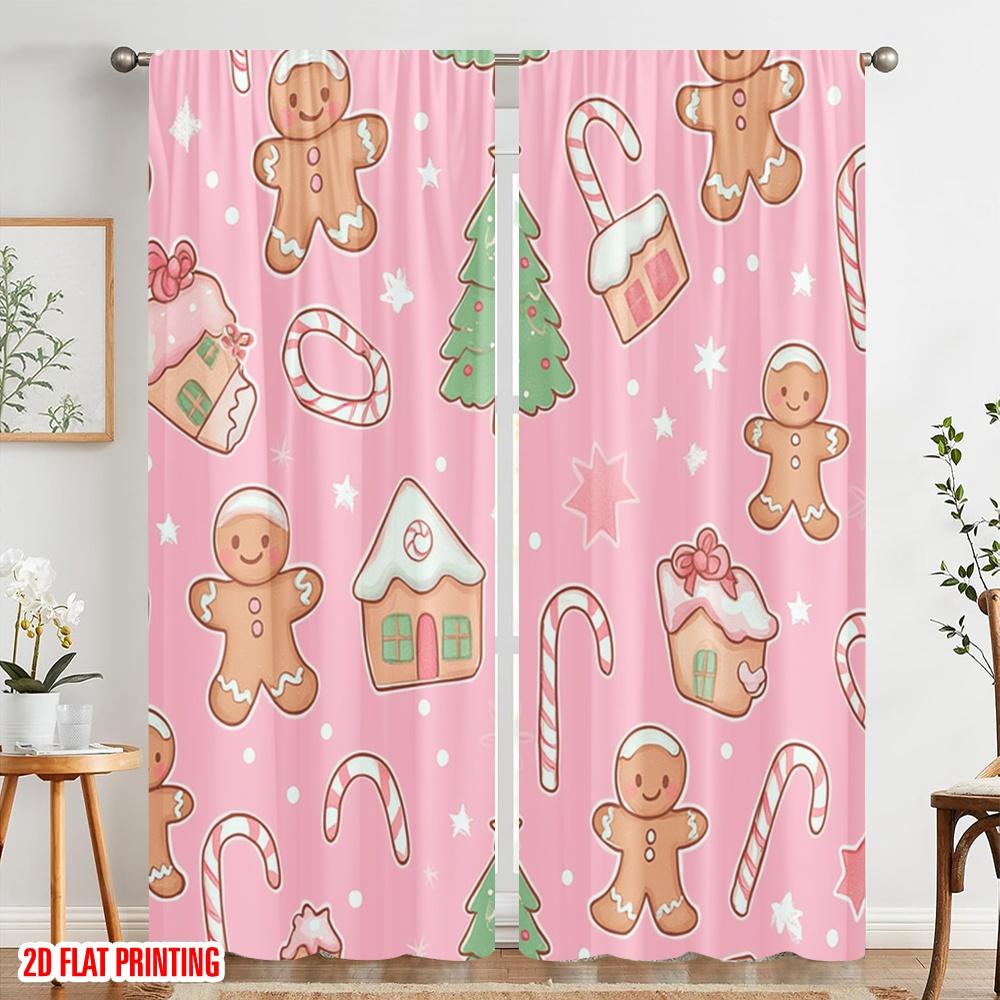 2pcs,2D Plane Printing Contemporary Curtains Gingerbread Christmas Candy (3) Durable Polyester (without Rod) Holiday Perfect for