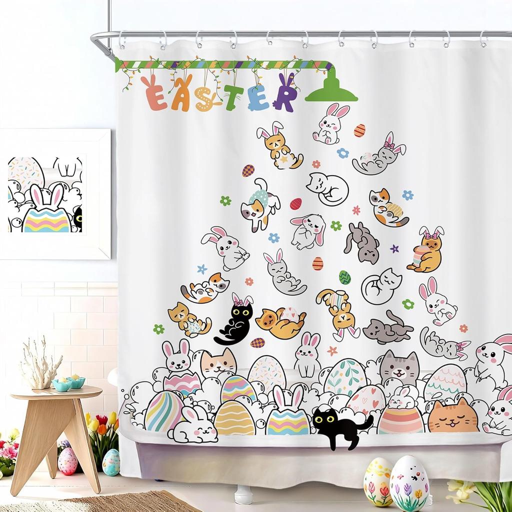 Cute Cat And Dog Shower Curtain, Cartoon Corgi Pet Pattern Fabric Bath Decor With 12 Hooks For Kids Bathroom Bathtub, 1Pc