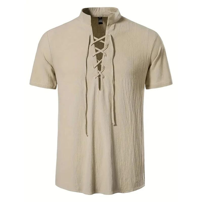 Men's Retro Shirt Short Sleeve Linen Lightweight Breathable Solid Color Fashion Pirate V Neck Stylish Shirs
