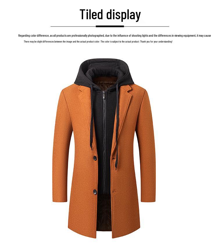 Korean-Style Men's Wool Blend Mid-Length Coat with Removable Hood