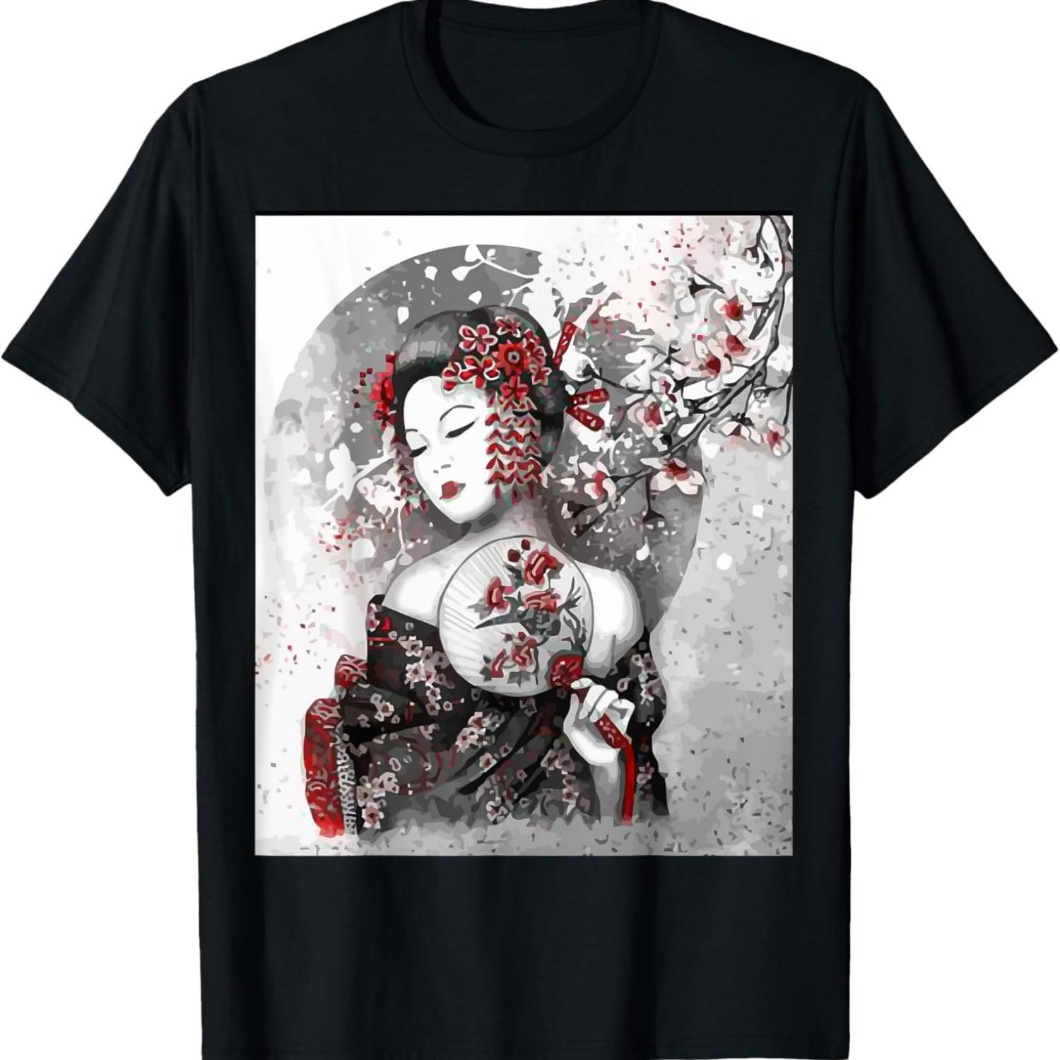 japan geisha with umbrella and cherry blossoms T-Shirt S чёрный