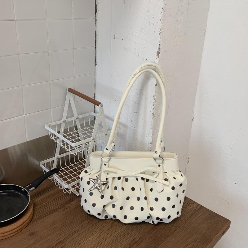 Polka Dot Ruched Shoulder Bag With Star Pendant Women Bow Decor Large Capacity Hobo Bag Retro Versatile Handbag For Daily Commut