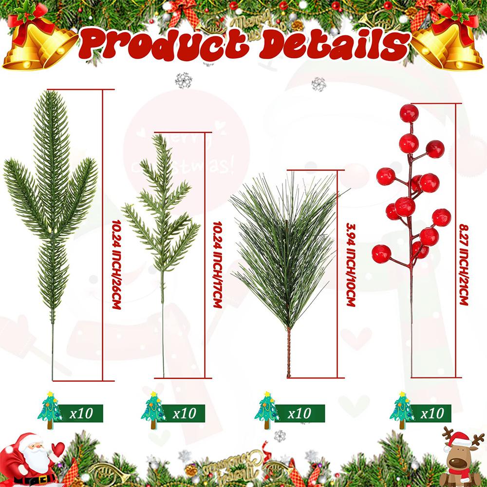 40Pcs Artificial Pine Needles Branches Greenery Faux Red Berry Picks Fake Flowers for DIY Wreath Xmas Embellishing Decorations