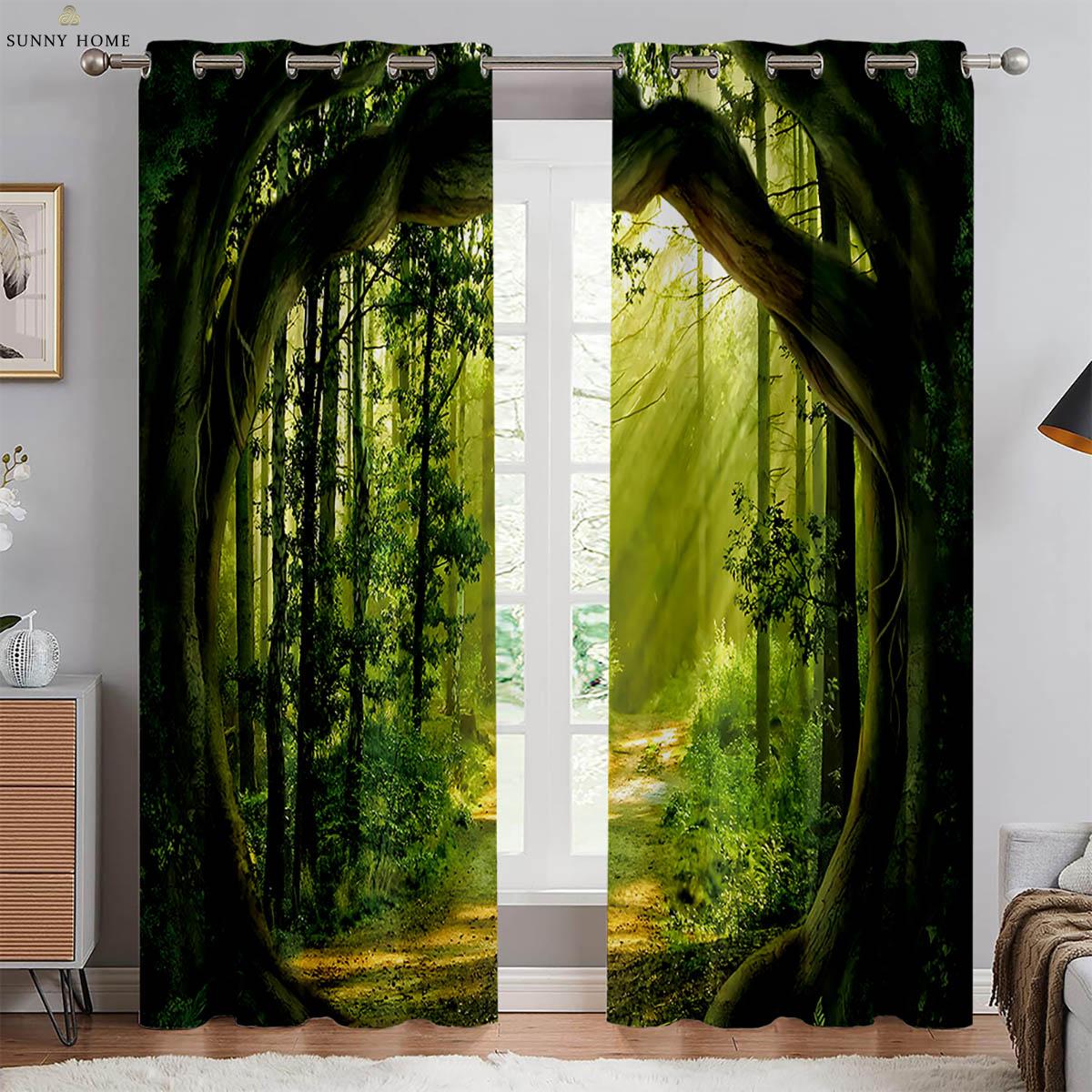 

2 шт. Занавески с 3D-печатью «Туманный лес», осенний пейзаж, для спальни, гостиной, кухни, оконные занавески, машинная стирка W50xH140(CM)x2PCS&Grommet Top
