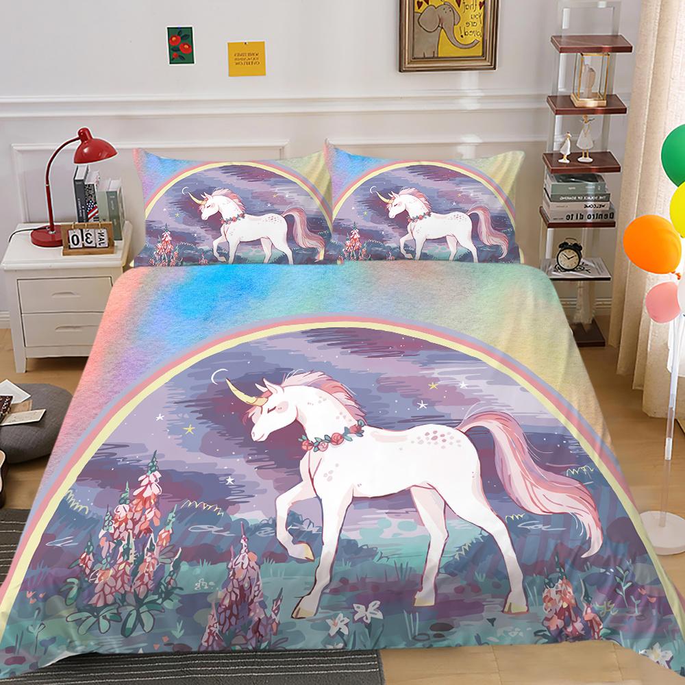2023 Neuer Stil Bettwäsche-Set 3D Einhorn-Druck Bettdecke Bettzeug Zuhause Dreiteilig Warm Polyester Kissenbezug Bettbezug