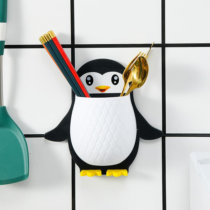 Penguin Wall Mounted Storage Shelf For Bathroom, No Drill Adhesive Plastic Organizer For Sink Counter, Cute Cartoon Multi Purpose Holder For Home