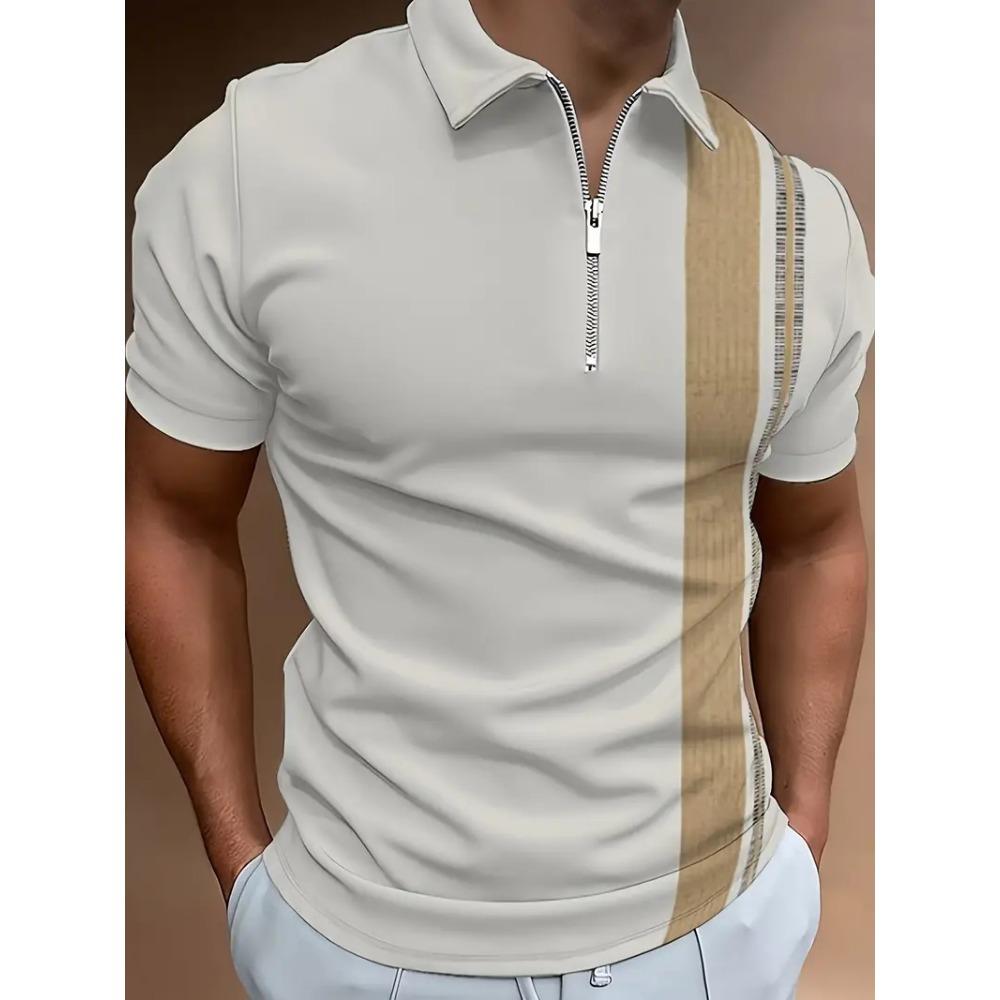 Men's Zipper Polo Shirt, Wave Triangle Shirt, 3D Printed, Retro, Short Sleeve, Loose, Comfortable, Street, Summer, New Style