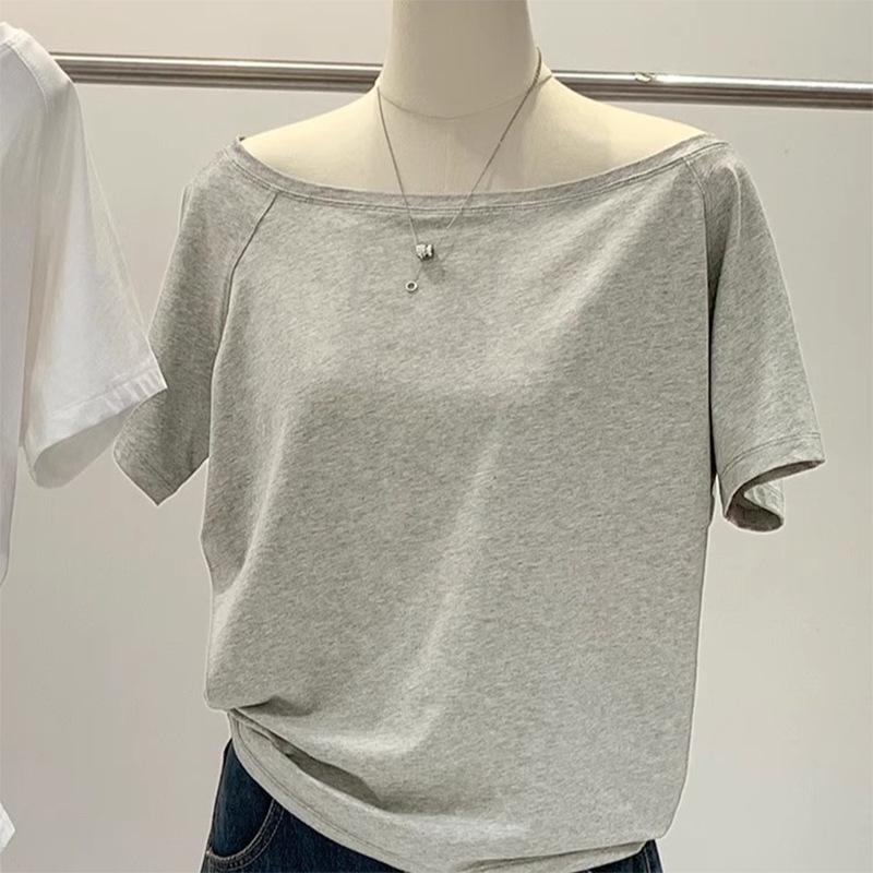 Women's Off-Shoulder Black Cotton Long-Sleeve T-Shirt, 2025 Spring/Autumn/Winter Collection