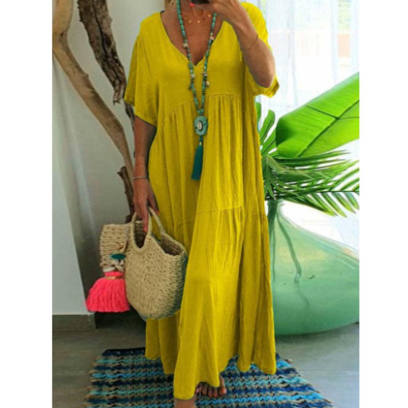 Women Summer Fashion Solid V-Neck Plus Size Dress Loose Long Oversized Casual Short Sleeve Dress