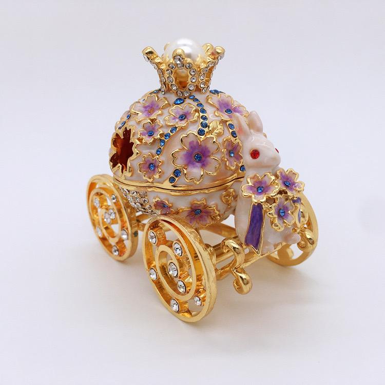 European Style Jewelry Storage Box,Pumpkin Cart White Rabbit Holder Alloy Inlaid Gem Ring Storage Jar Dresser Earrings Organizer