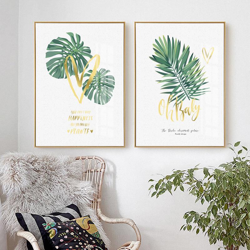 Abstrakte Aquarell Tropische Frische Blätter Goldenes Herz Liebesbrief Leinwandmalerei Wandbild für Zuhause Schlafzimmer Dekor