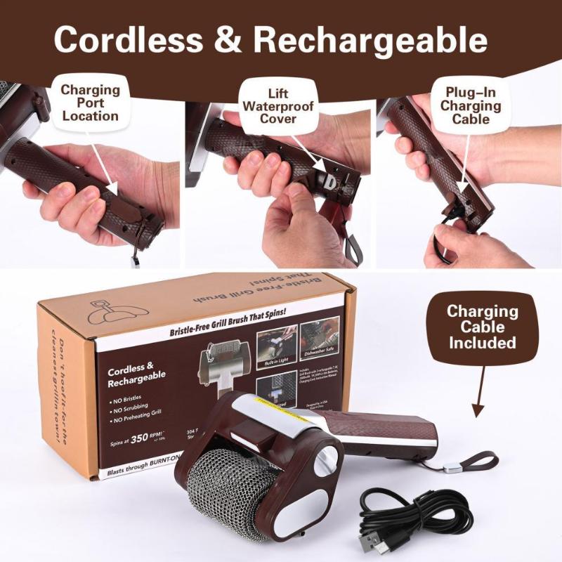350RPM Rechargeable Electric Roller Grill Brush With Replaceable Head Stainless Steel Barbecue Cleaner Tool