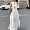 Women Casual Round Neck Sleeveless Lace Long Cardigan Tops