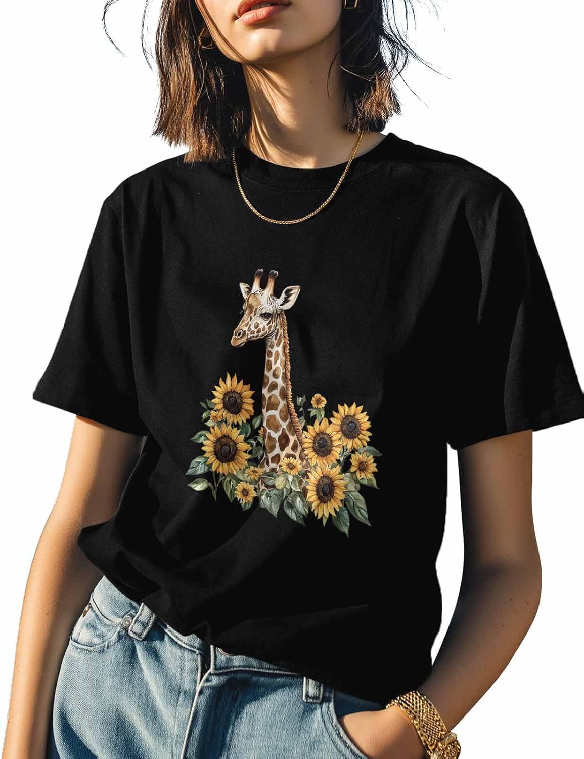 

T Shirts for Women Graphic Tees Giraffe Florals Crew Neck Short Sleeve Shirts for Women Sunflower Casual T-Shirt 5XL різнокольоровий