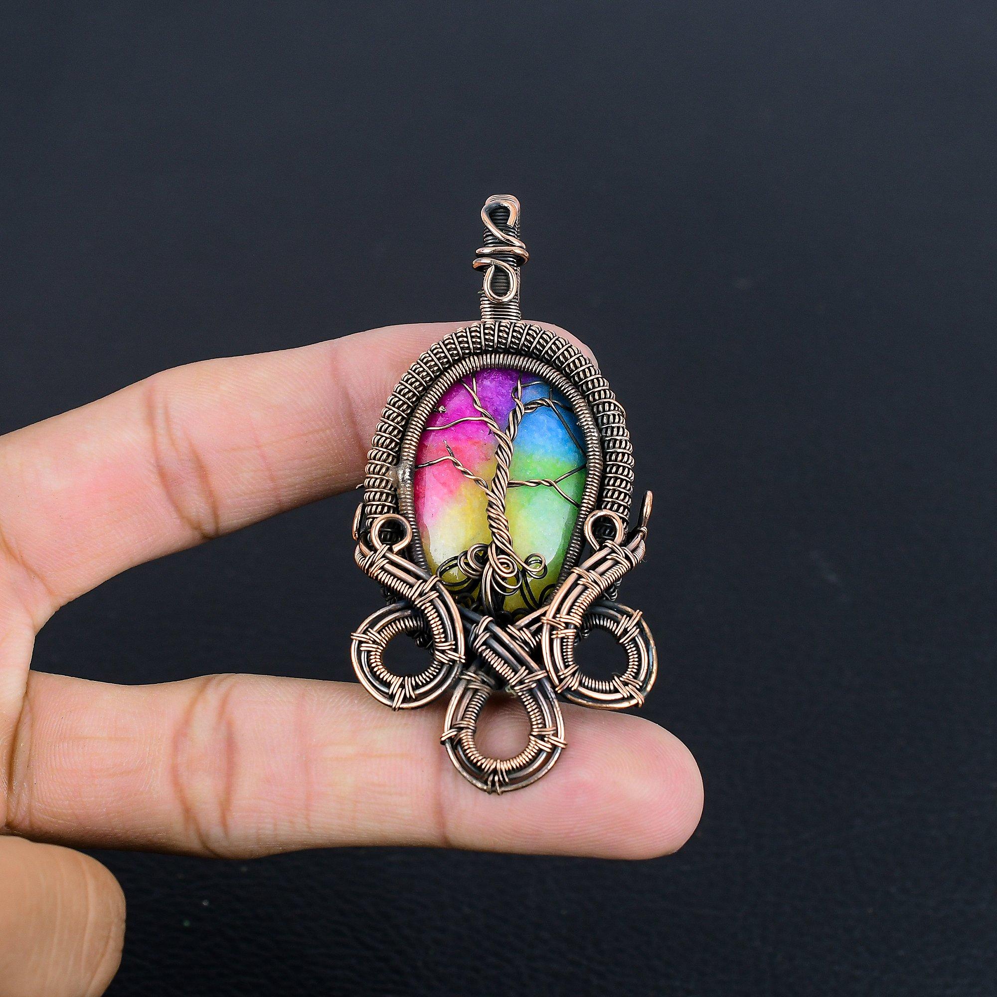 

Кулон из Радужного Солнечного Кварца, обернутый медной проволокой 999 пробы, Ювелирное изделие с подвеской из драгоценного камня ручной работы, Подарки для жены, Новая подвеска 2.58 Inches