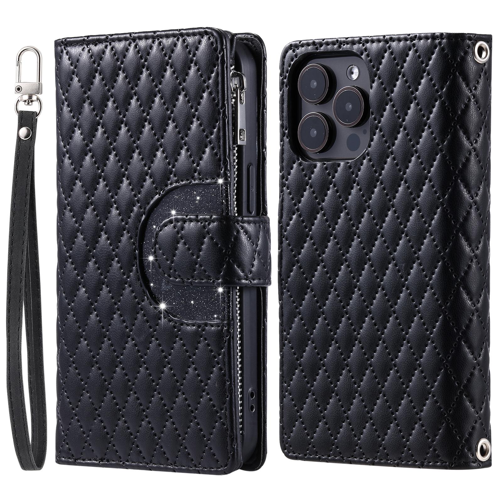 

For iPhone 16 Pro Case Zipper Wallet PU Leather Rhombus Grid Phone Cover Black