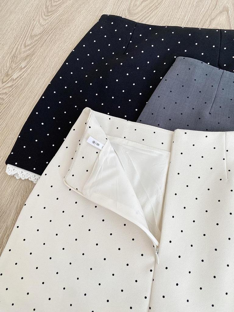 Polka Dot Lace Trim A-Line Midi Skirt, Spring/Summer 2025 Fashion, Petite High-Waist Hip-Hugging Fit