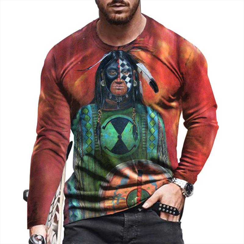 Spring and Autumn Round Neck 3D Native American Pattern Printed Top Fashionable Casual Long Sleeved Men's T-shirts