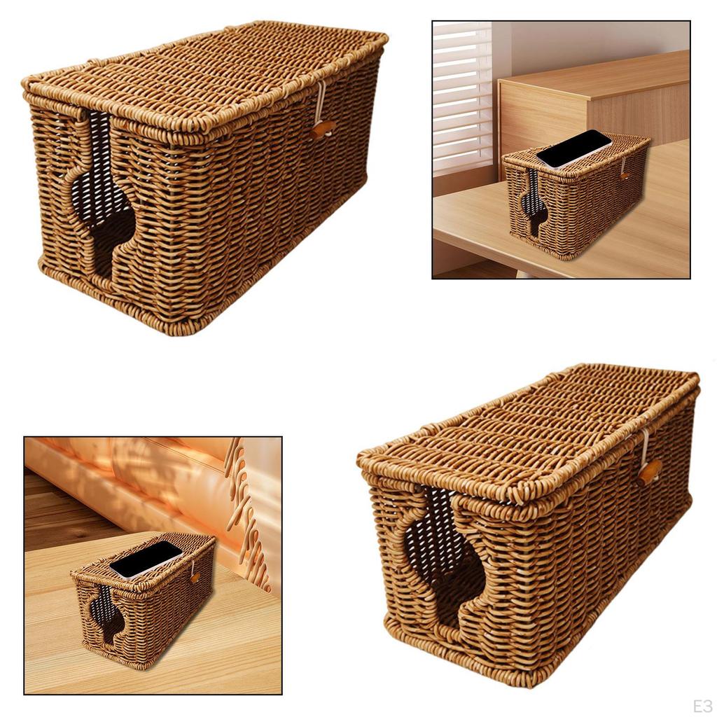 Cable Management Box Imitation Rattan Cord Organizer Desk Storage Container Case USB Hubs Tool with
