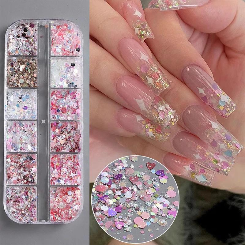 Glitter Sequin Mixed 12 Grids Star Heart Shape Colorful Nail Sequins For Sparkling Shaker Nail Art Flakies Paillette Manicure