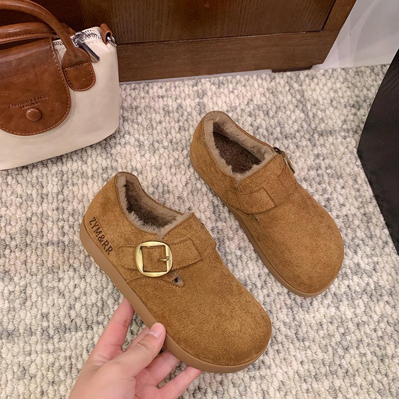 Fleece Boken soft-soled cotton shoes for women's 2025 new winter wear, thick-soled all-inclusive fluffy shoes, one pedal shoes