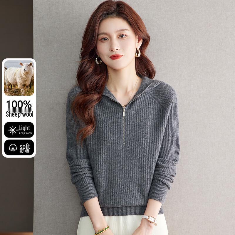 SNOWFLYING Women's 100% Merino Wool Ribbed Half-Zip Hooded Sweater