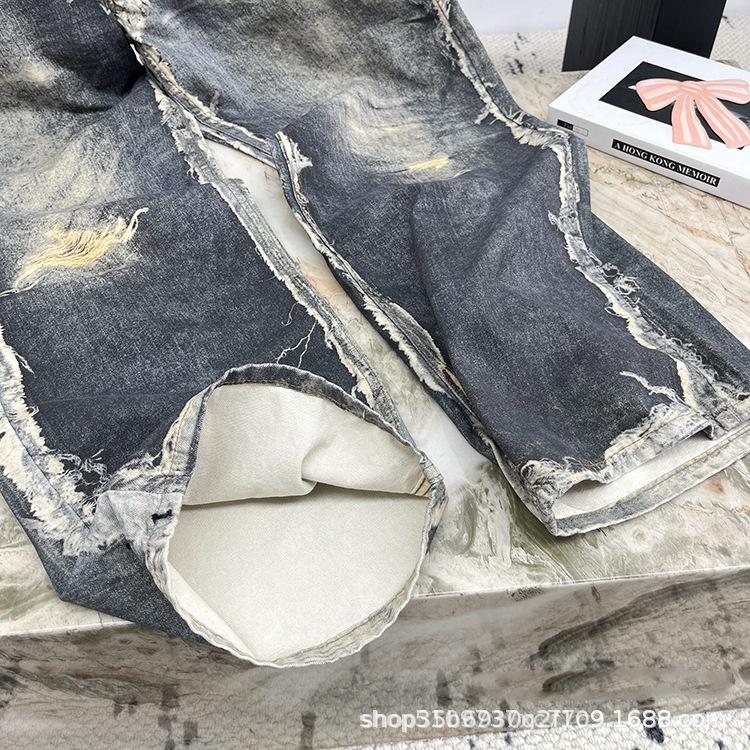 

2026 Spring Distressed 3D Print Denim Pants for Women - Trendy Niche Design S светло-синий