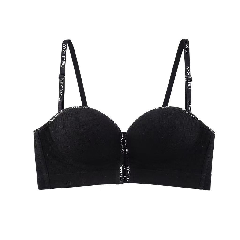 Gather Front Button Bra Female Sexy Detachable Letter Shoulder Straps Bra Top Support Anti Slip Lifting Bra