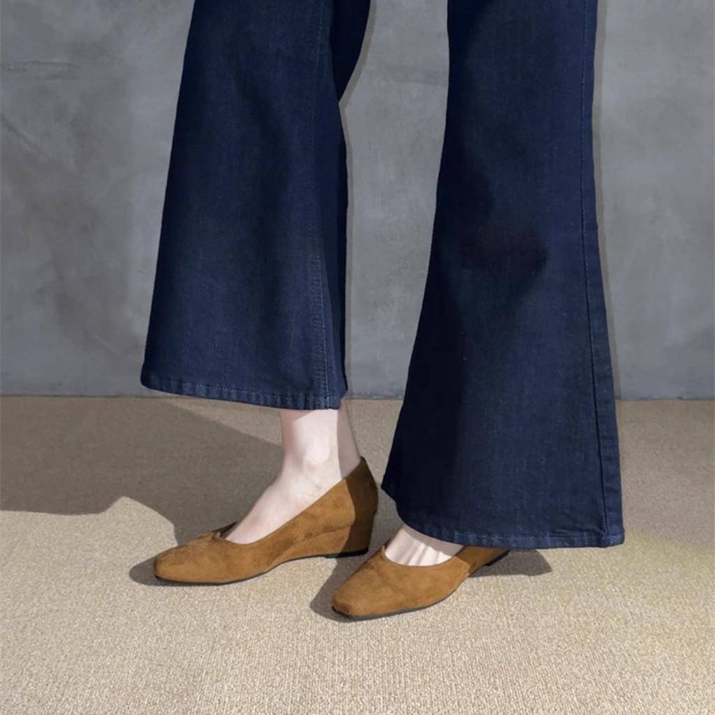 Korean version of slope heel suede square head single shoes women's 2025 new high heels one-pedal grandma shoes temperament commuter shoes women