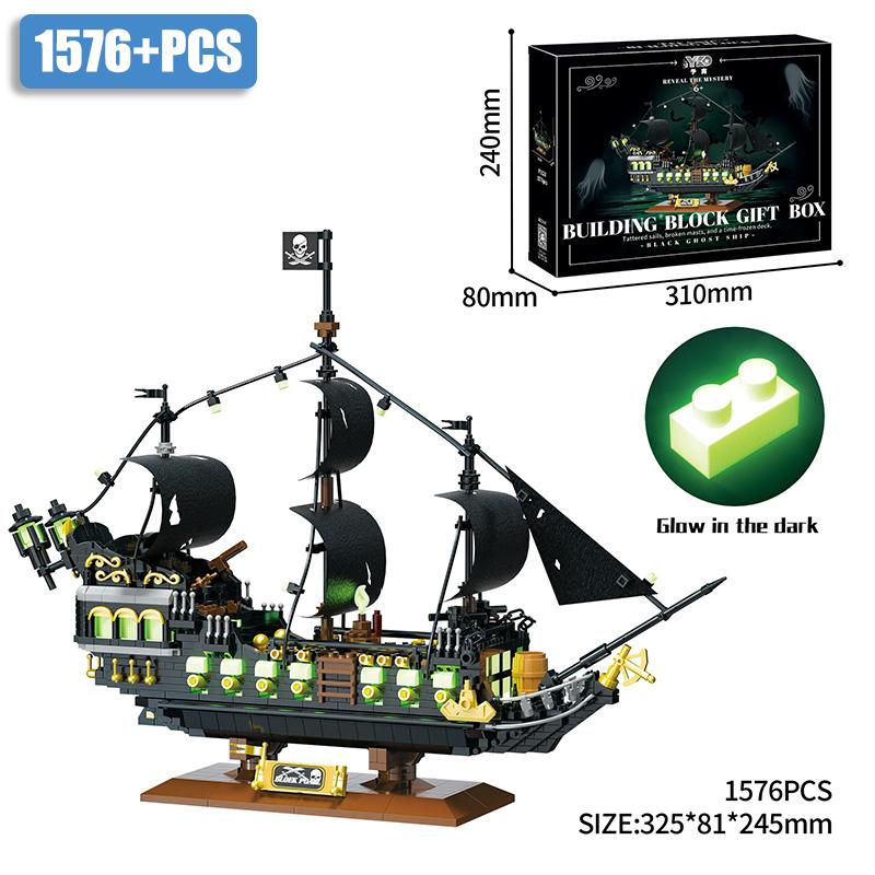 Creative Caribbean Ghost Pirate Ship Micro Building Blocks Set MOC Pirate Boat Model Bricks Assembly Toy for Adults