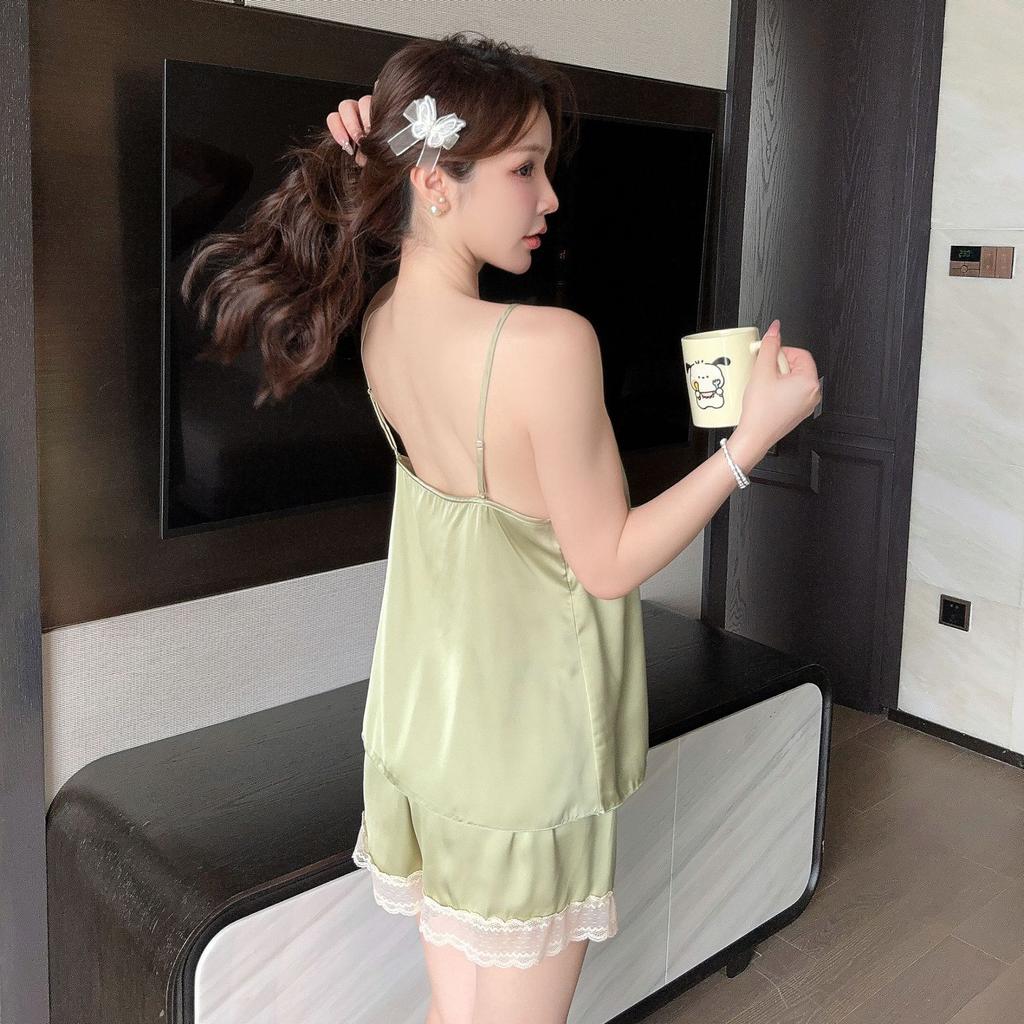 New sexy pajamas women Ice Ribbon chest pad summer suspenders shorts pure desire style silk loungewear can be worn outside