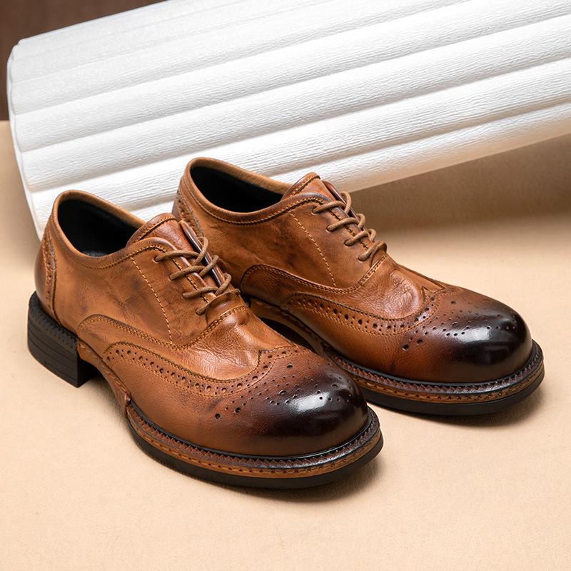 Vintage British Low-Top Leather Round Head Derby Men'S Shoes Platform Casual Pure Large First Layer Cowhide Tooling Leather Shoes Men