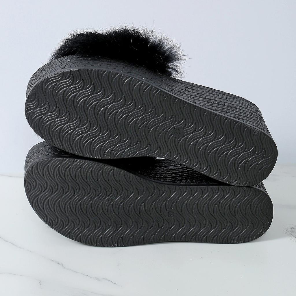 Fashion Aphixta Platform Real Rabbit Fur Slippers Women Black Wedge Slides 9CM High Heels Women Shoes Wedge Slippers Retro Slides Shoes
