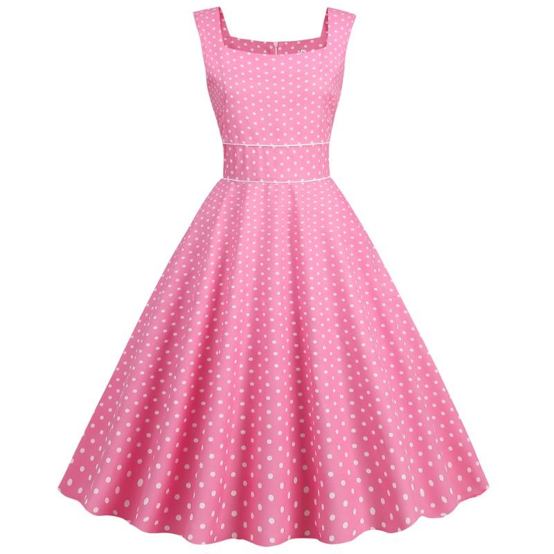 Retro Source SS Temperament Square Neck Vest Sleeveless Waist Polka Dot Swing Skirt