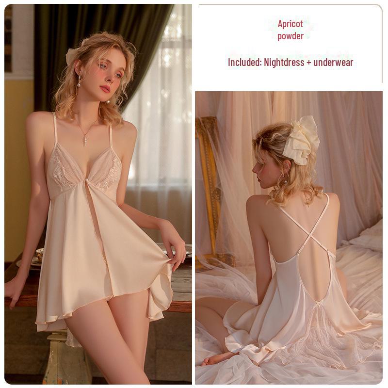 

Guiruo Сексуальная Глубокий V-образный вырез на спине Ледяной Шелковый Ночная Рубашка с Разрезом - Женский Удобный Домашний Костюм M (nightdress + underwear) абрикосовый/розовый