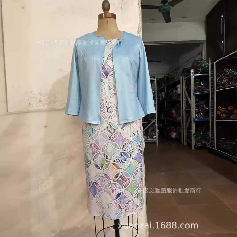Frankrike Chic Vintage Lyx Tvådelat Set Rund Krage Blå Kappa + Patchwork Print Klänning Kvinnor Ny Estetisk Retro Klänning Kostym