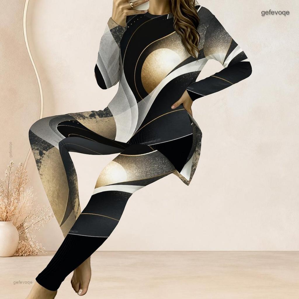 Women Plus Size Two Piece Set Round Neck Long Sleeve Colorful Splash Print Top And Long Pants